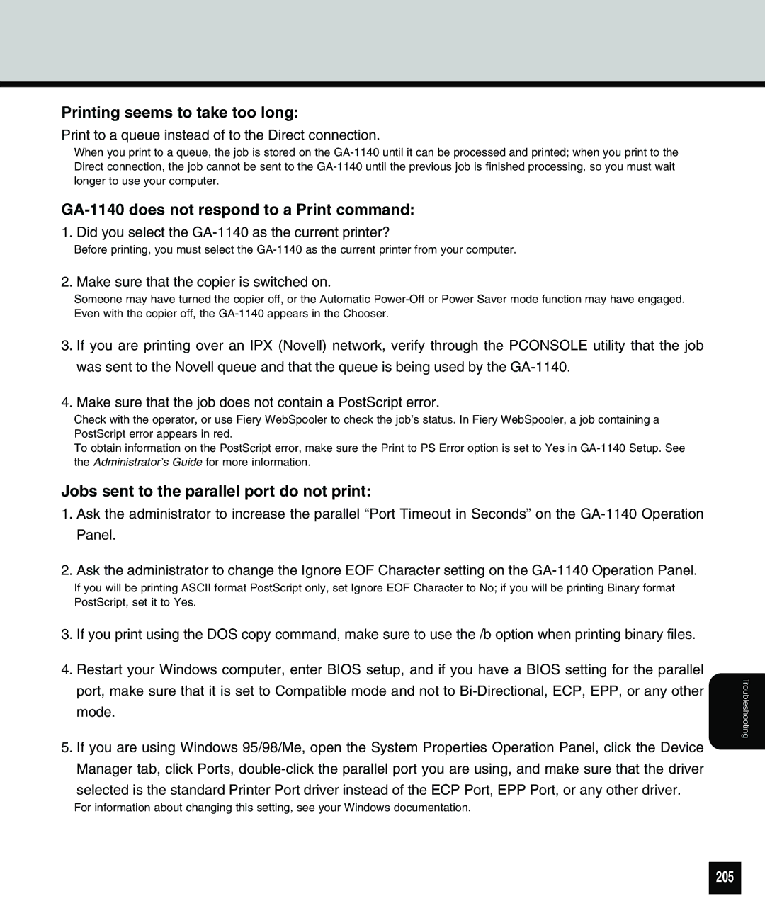 Toshiba 810 manual Printing seems to take too long, GA-1140 does not respond to a Print command, 205 