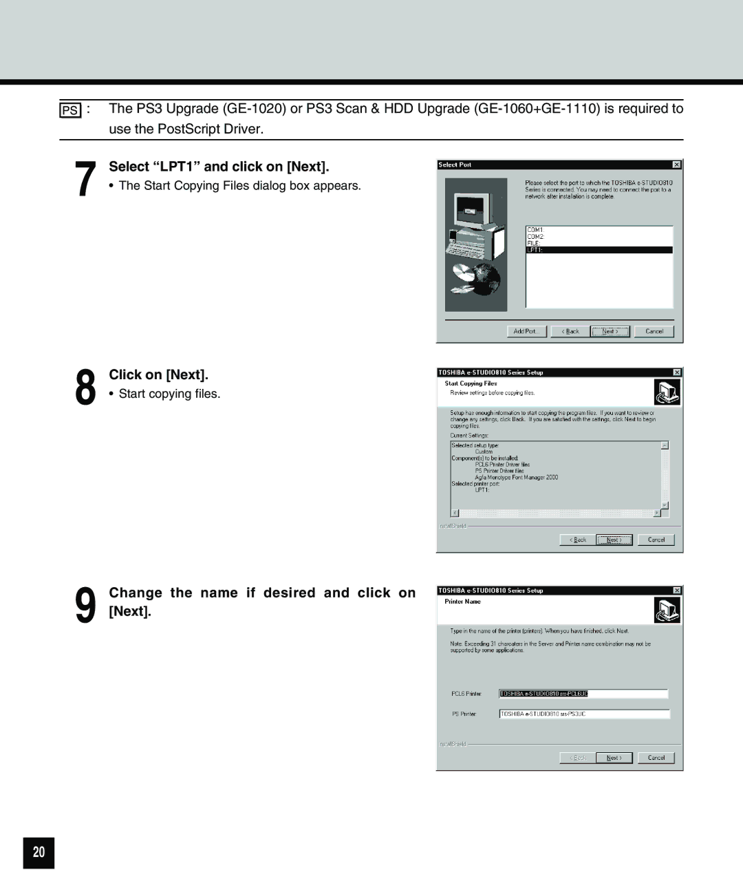 Toshiba 810 manual Select LPT1 and click on Next, Change the name if desired and click on Next 