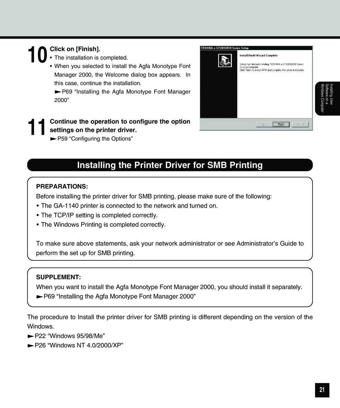 Toshiba 810 manual Installing the Printer Driver for SMB Printing, Click on Finish 