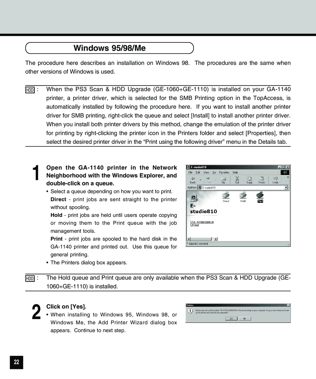 Toshiba 810 manual Windows 95/98/Me, Click on Yes 