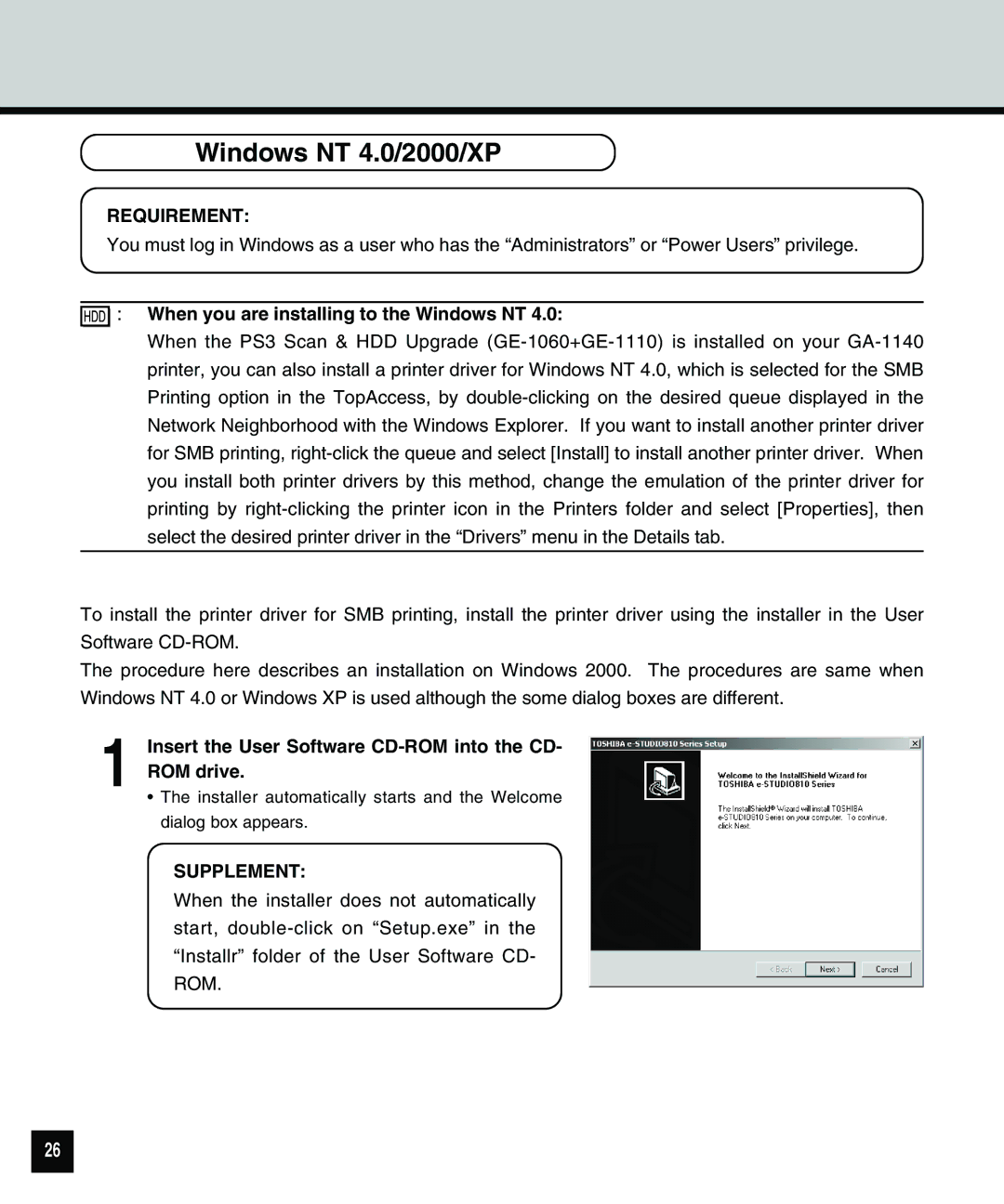 Toshiba 810 manual Windows NT 4.0/2000/XP, When you are installing to the Windows NT 