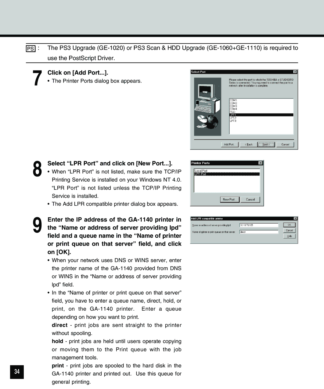 Toshiba 810 manual Click on Add Port, Select LPR Port and click on New Port 