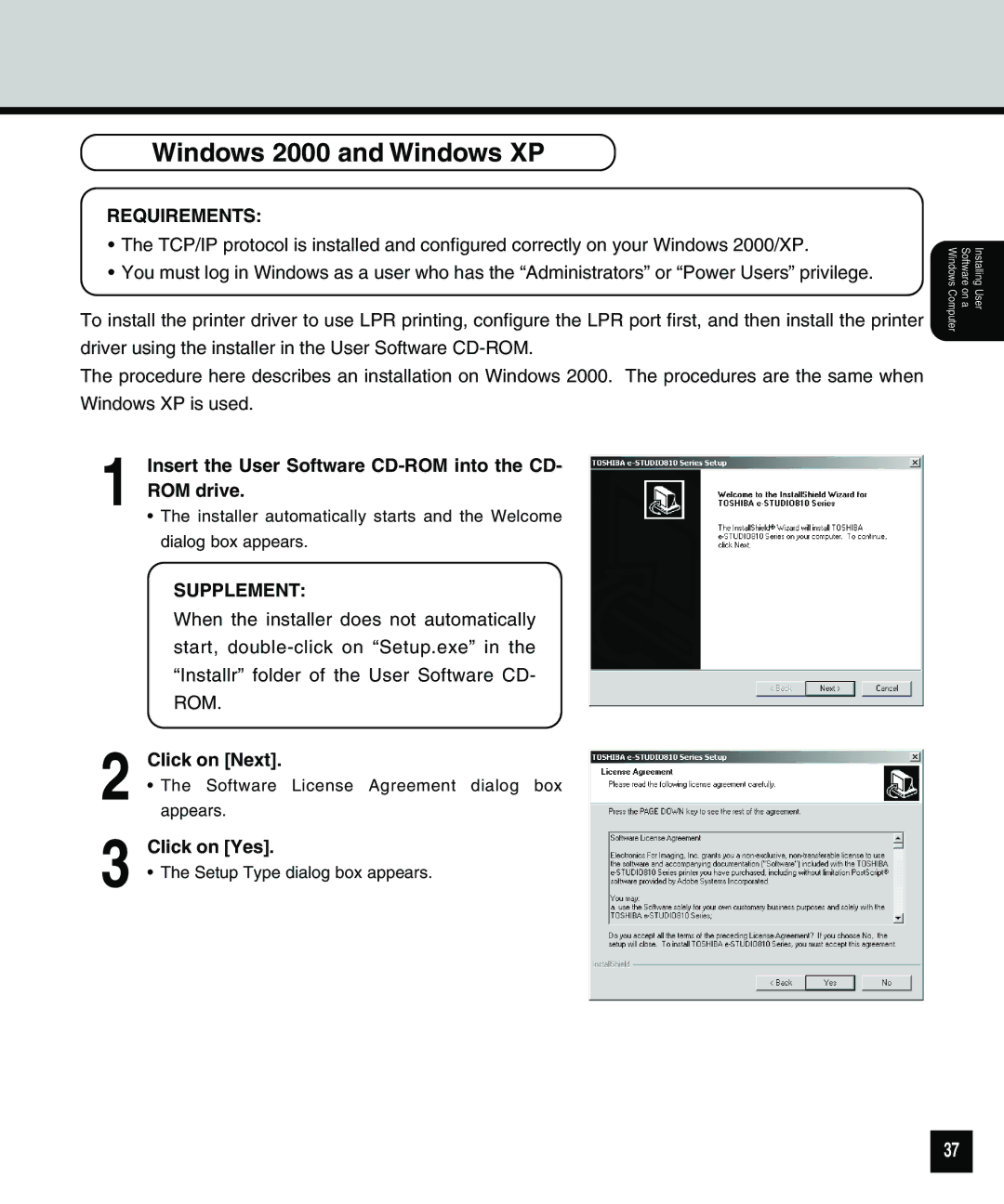 Toshiba 810 manual Windows 2000 and Windows XP, Insert the User Software CD-ROM into the CD- ROM drive 