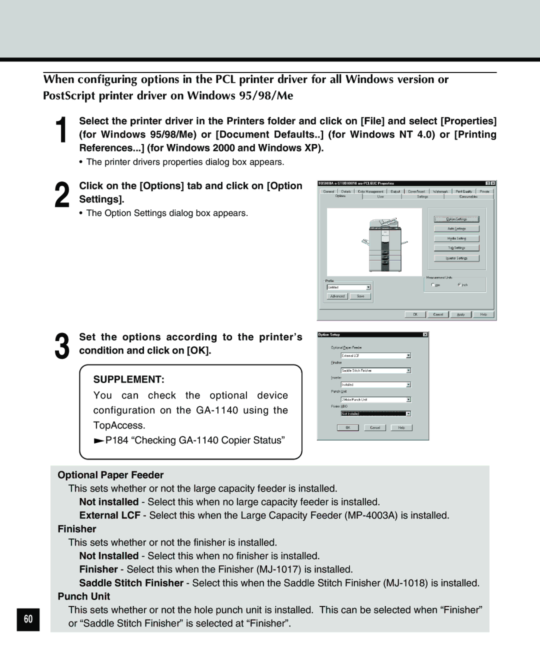 Toshiba 810 References... for Windows 2000 and Windows XP, Click on the Options tab and click on Option Settings, Finisher 