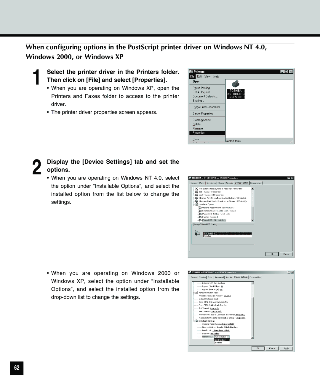 Toshiba 810 manual Display the Device Settings tab and set the options 