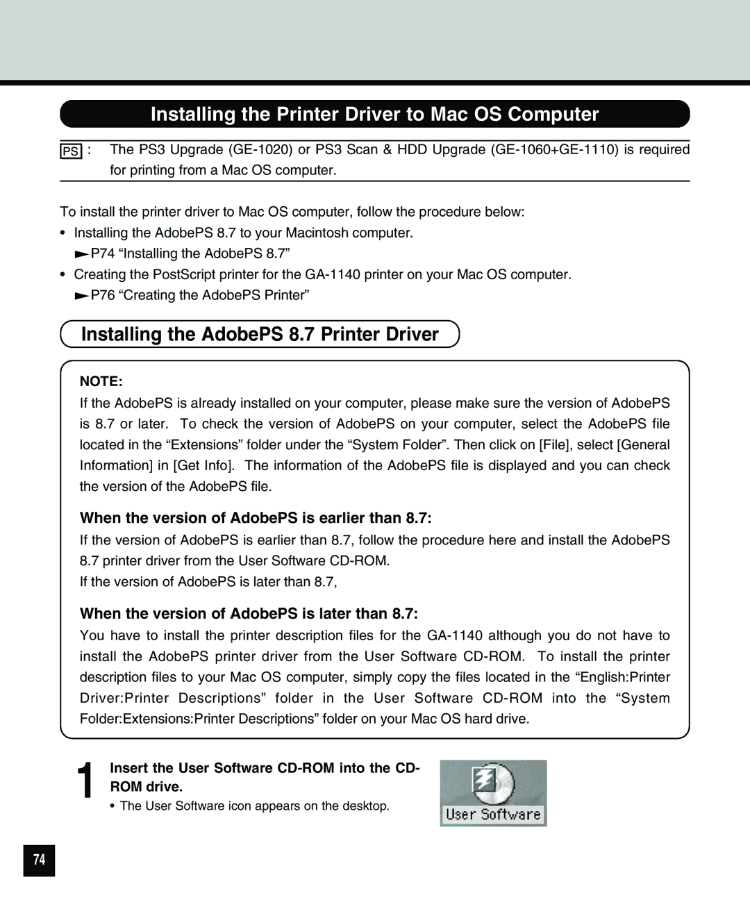 Toshiba 810 manual Installing the Printer Driver to Mac OS Computer, Installing the AdobePS 8.7 Printer Driver 