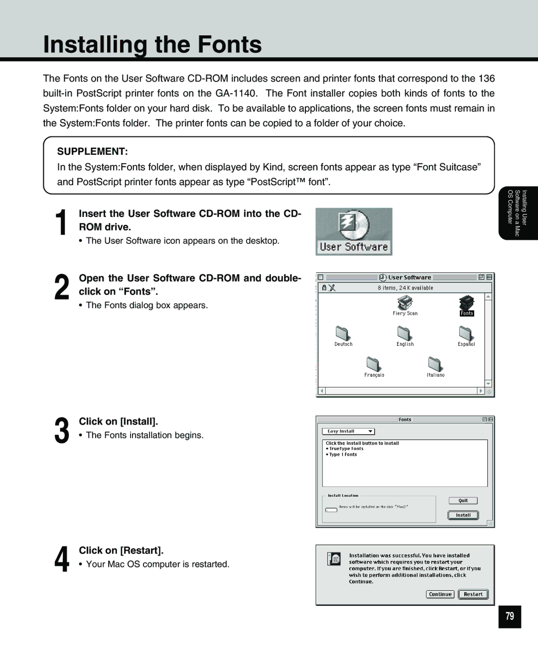 Toshiba 810 manual Installing the Fonts, Open the User Software CD-ROM and double- click on Fonts, Click on Install 