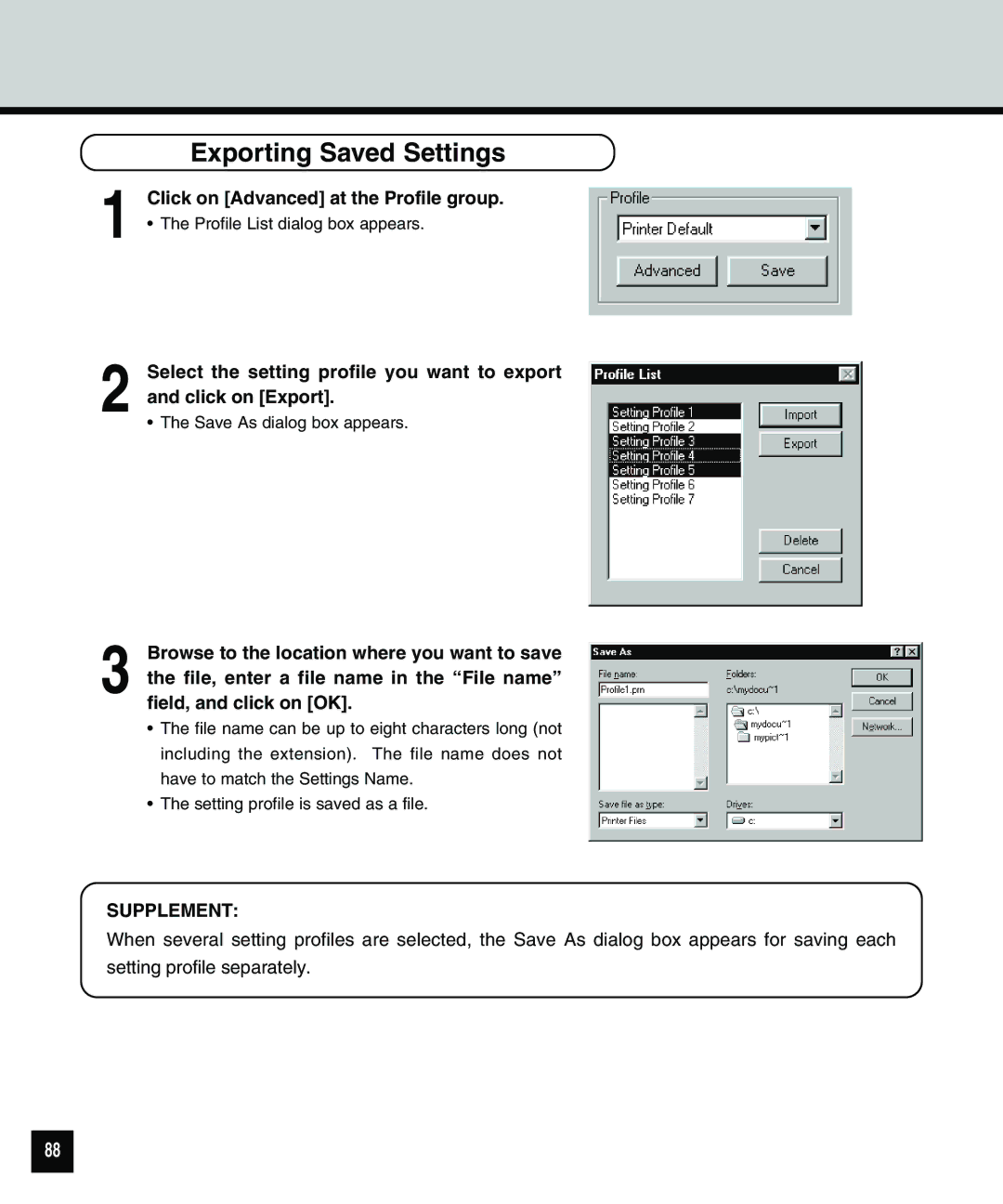 Toshiba 810 manual Exporting Saved Settings 