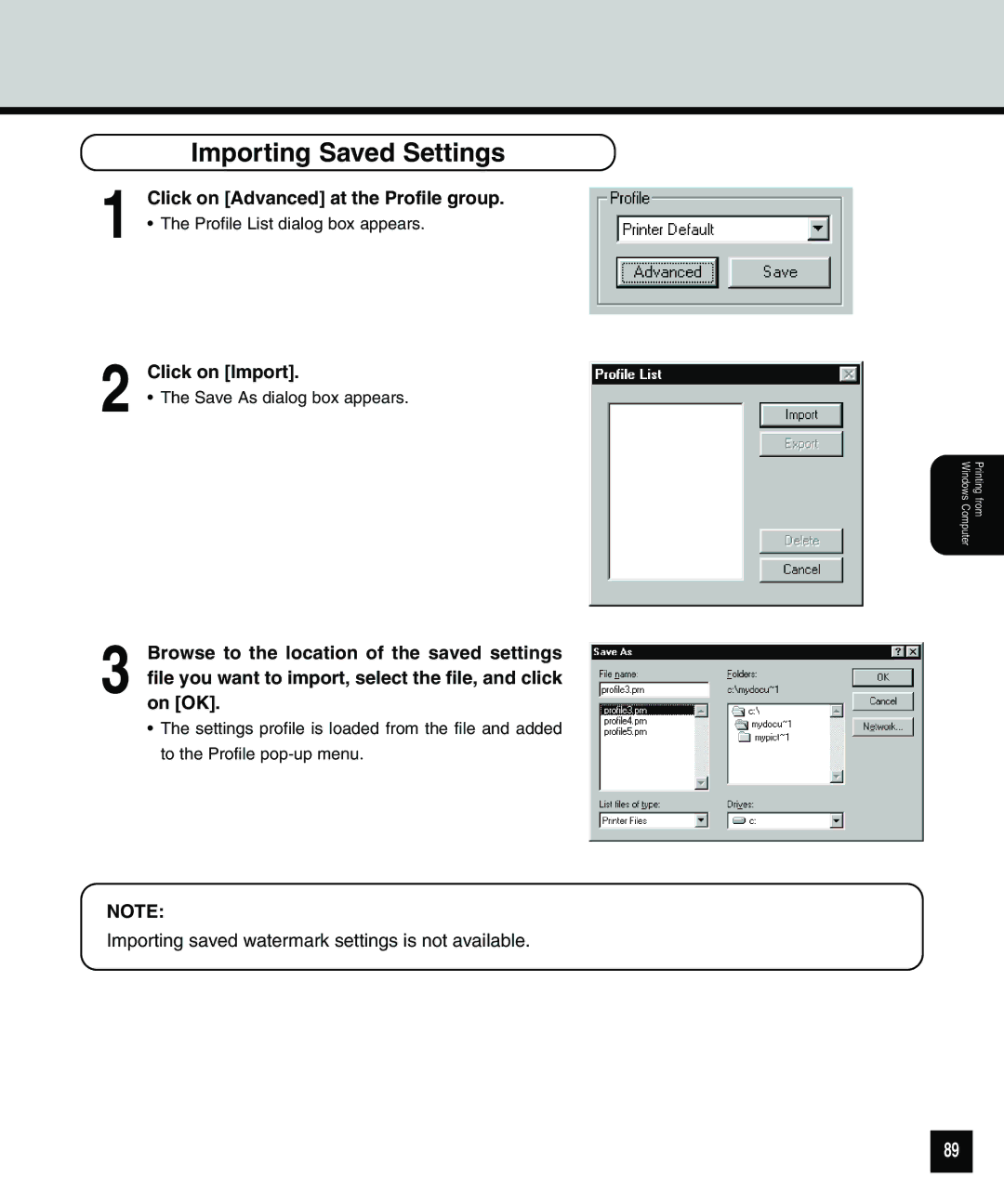 Toshiba 810 manual Importing Saved Settings, Click on Import 