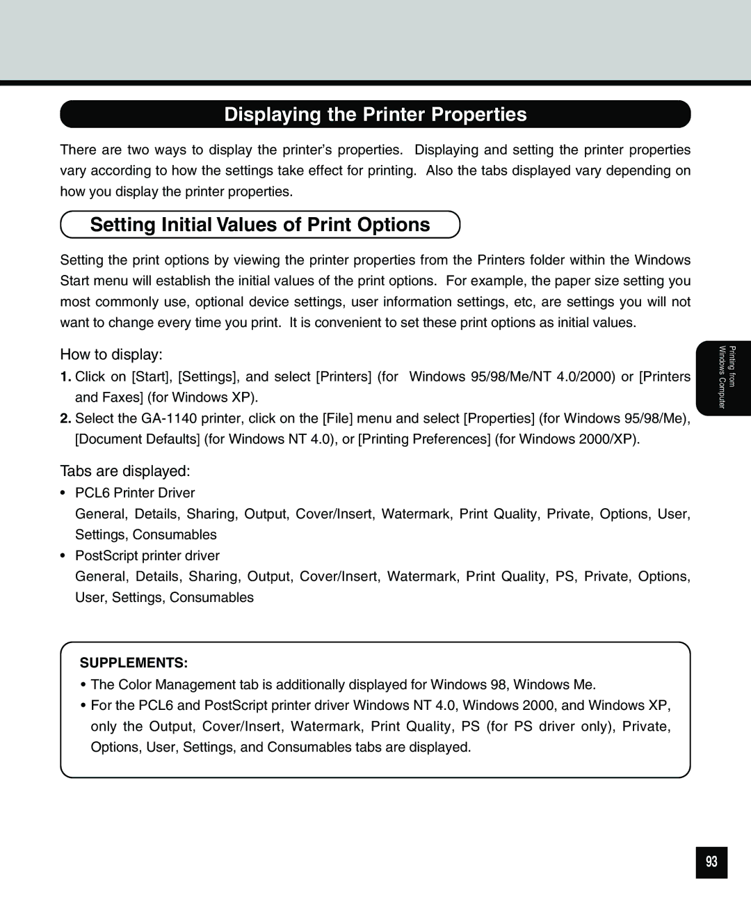 Toshiba 810 manual Displaying the Printer Properties, Setting Initial Values of Print Options 