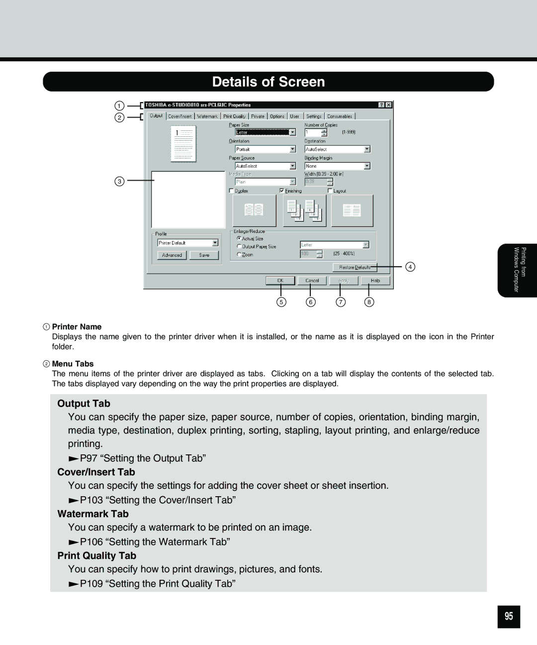 Toshiba 810 manual Details of Screen, Output Tab, Cover/Insert Tab, Watermark Tab, Print Quality Tab 