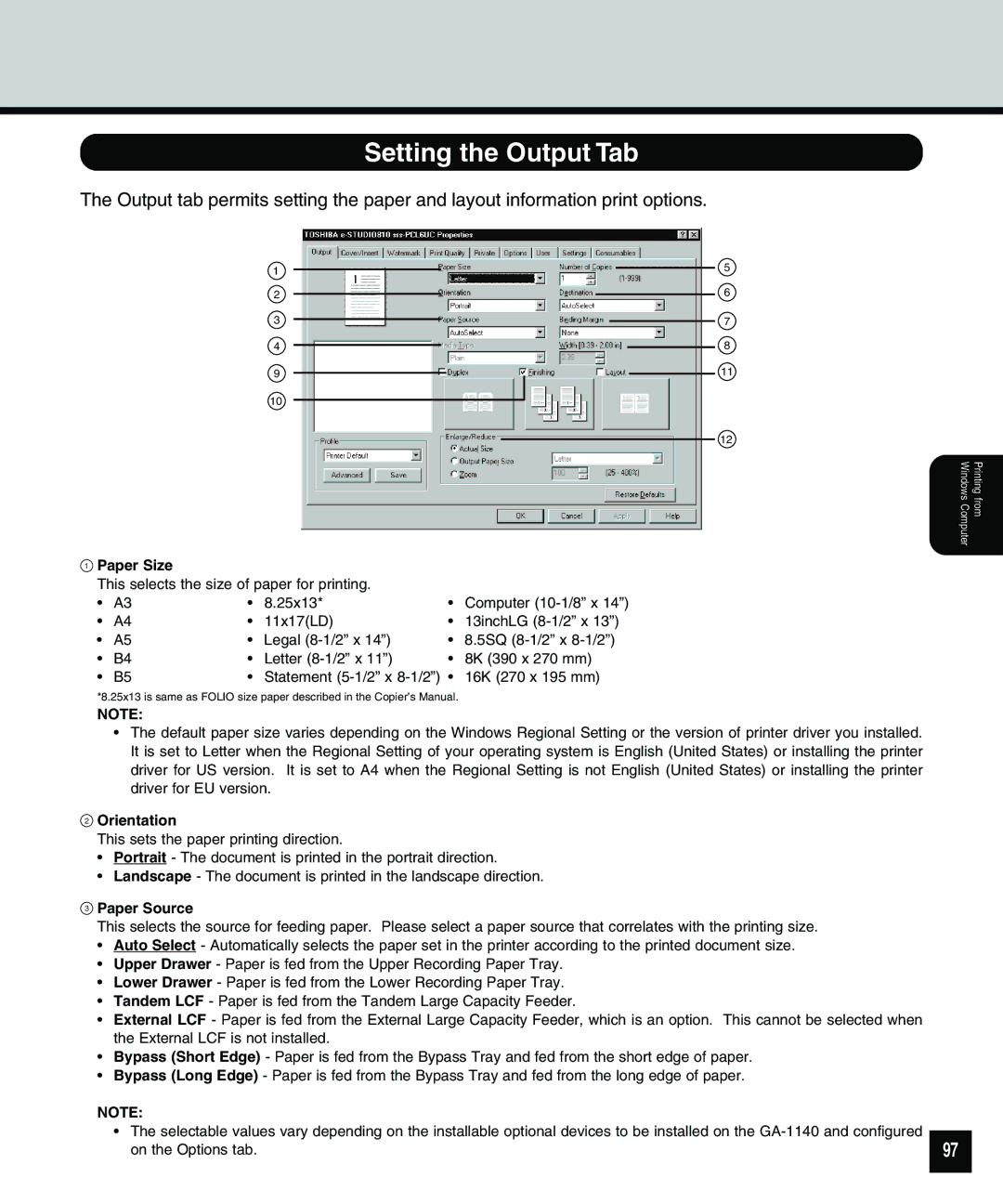 Toshiba 810 manual Setting the Output Tab, Paper Size, Orientation, Paper Source 