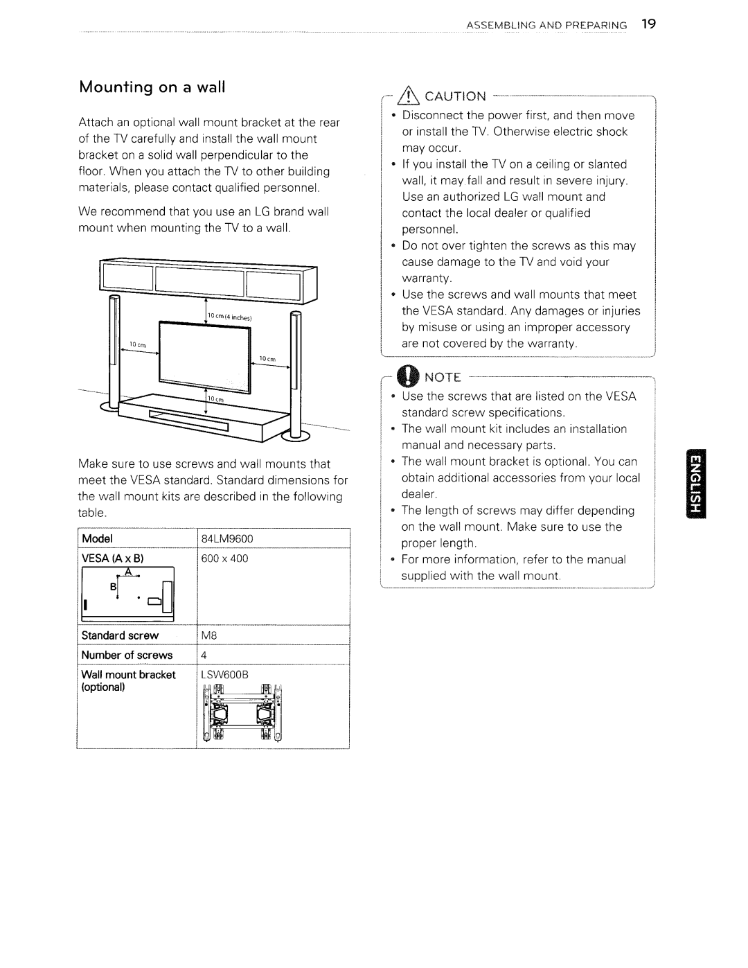 Toshiba 84LM9600 manual Cj Jc, Mounting on a wall 