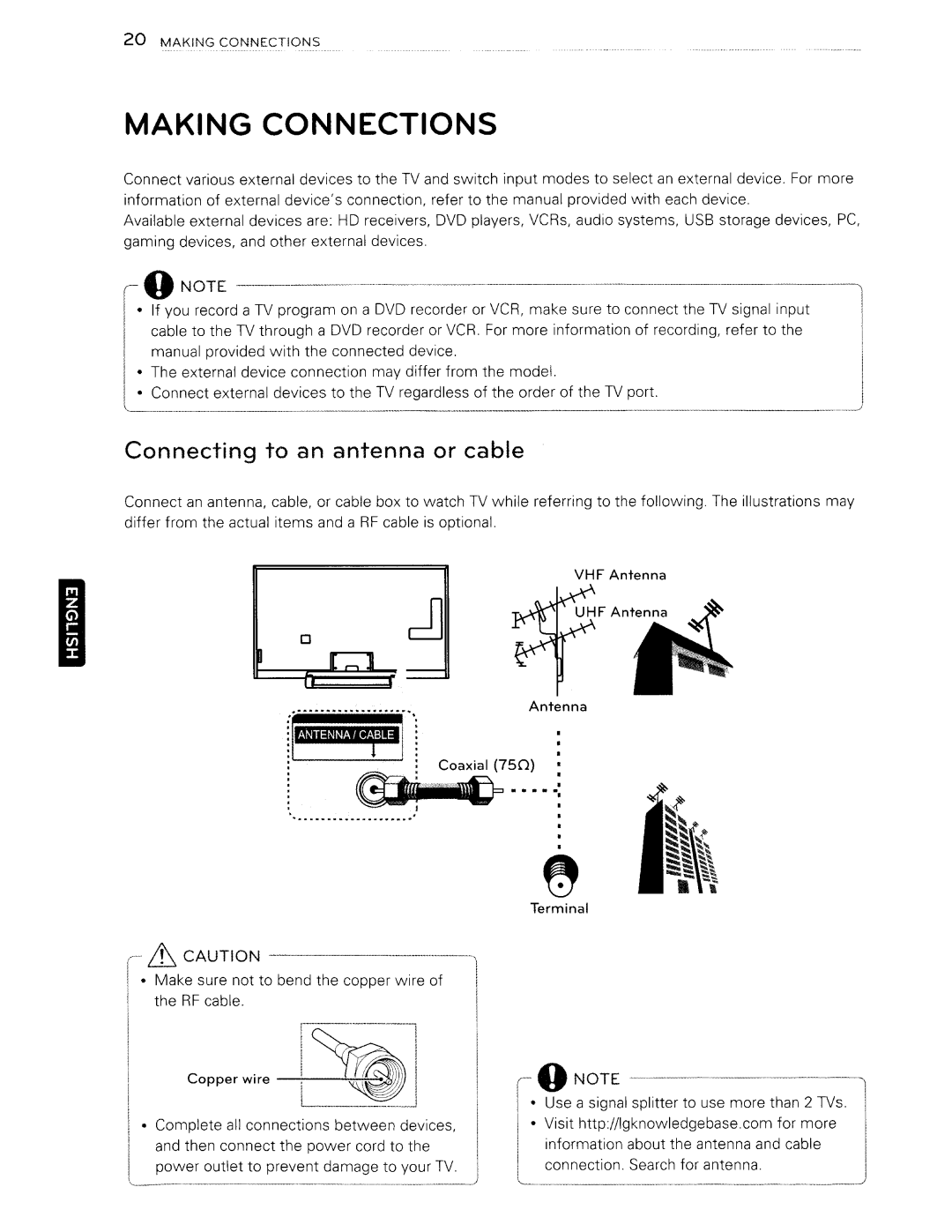 Toshiba 84LM9600 manual Making Connections, Connecting to an antenna or cable 