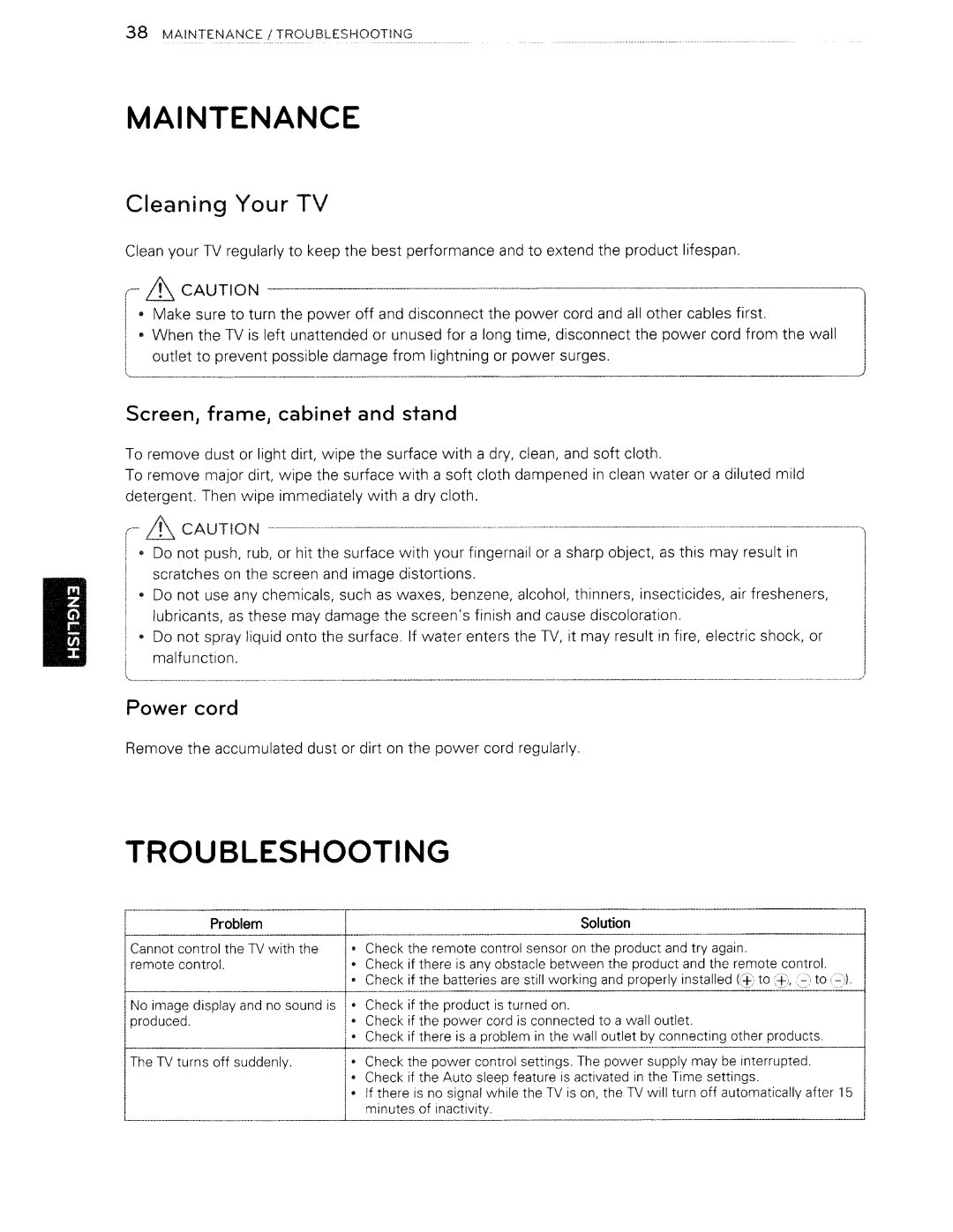 Toshiba 84LM9600 manual Maintenance, Troubleshooting, Cleaning Your TV, Screen, frame, cabinet and stand, Power cord 