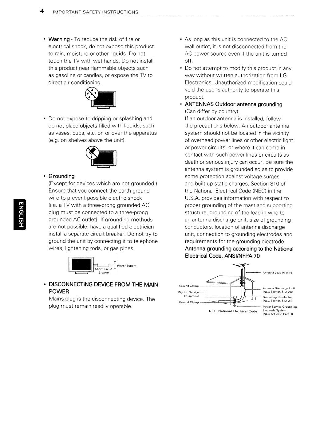 Toshiba 84LM9600 manual Grounding, Electrical Code, ANSI/NFPA, Antennas Outdoor antenna grounding 