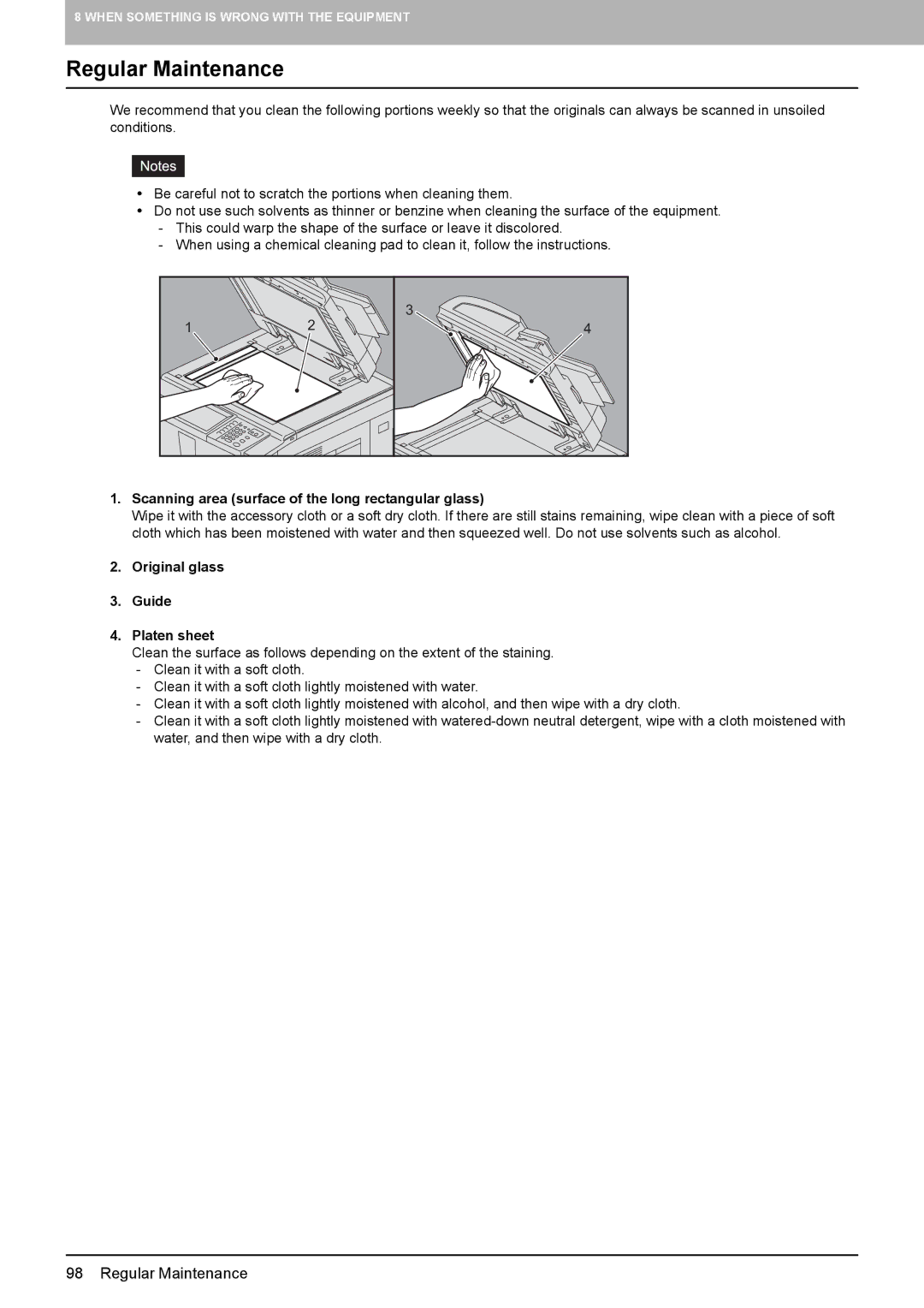 Toshiba 855, 755, 655, 555 manual Regular Maintenance, Scanning area surface of the long rectangular glass 
