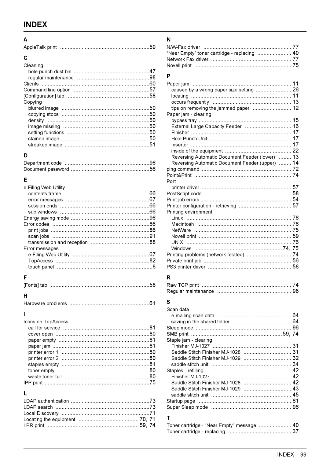 Toshiba 755, 855, 655, 555 manual Index 