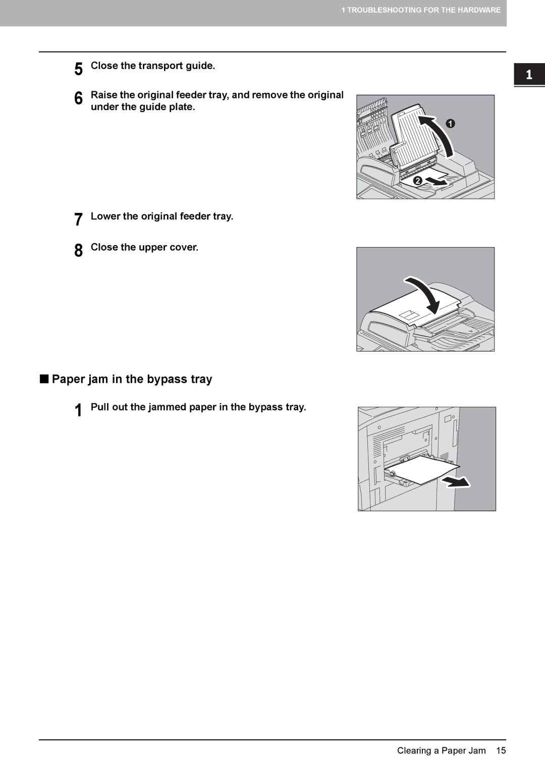 Toshiba 755, 855, 655, 555 manual „ Paper jam in the bypass tray, Close the transport guide, Under the guide plate 