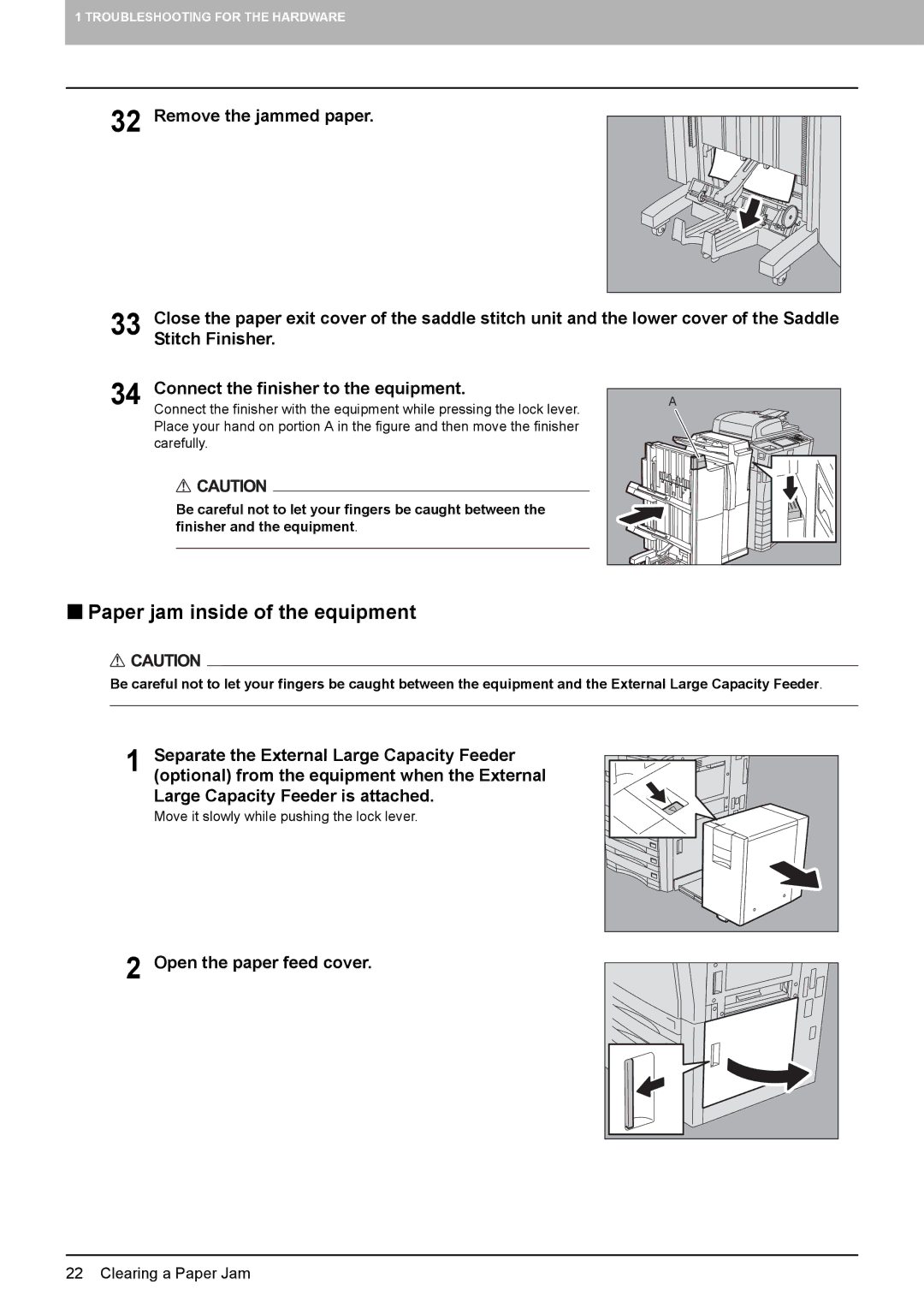 Toshiba 855, 755, 655, 555 manual „ Paper jam inside of the equipment, Open the paper feed cover 