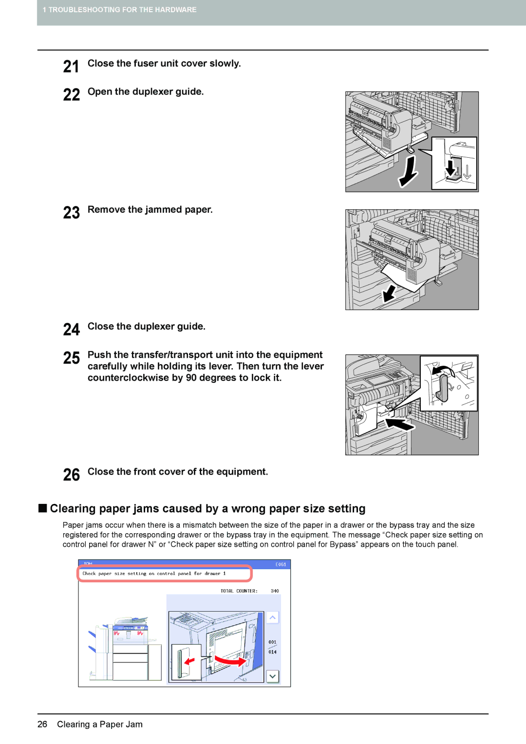 Toshiba 855, 755, 655, 555 manual „ Clearing paper jams caused by a wrong paper size setting 