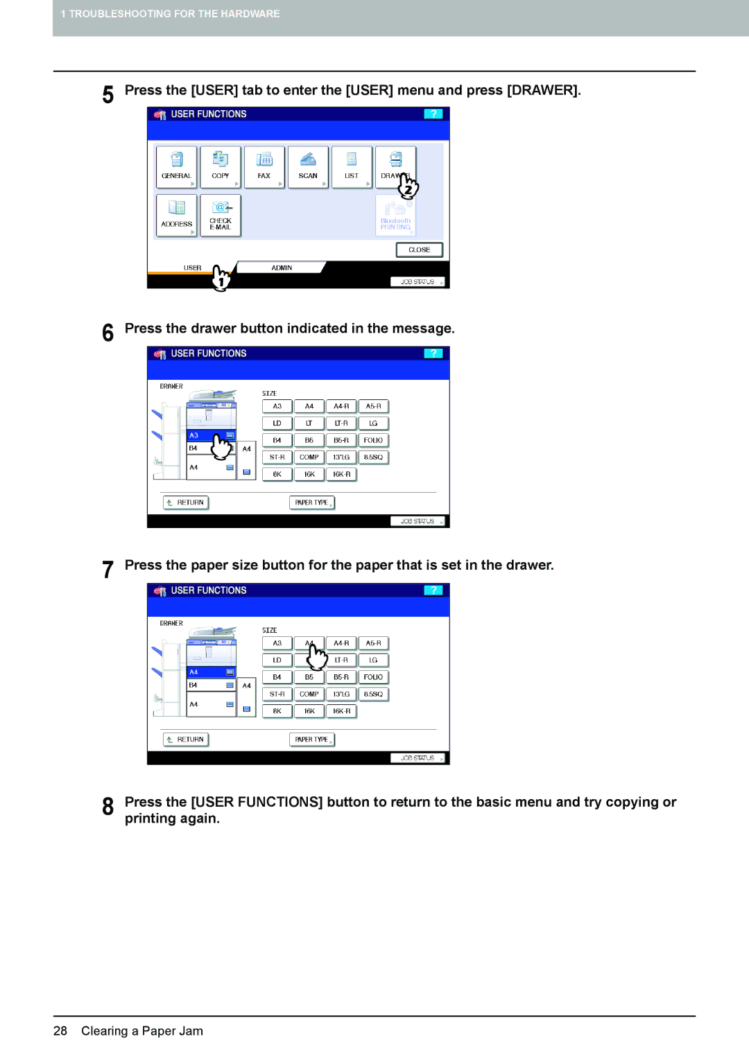 Toshiba 655, 855, 755, 555 manual Clearing a Paper Jam 