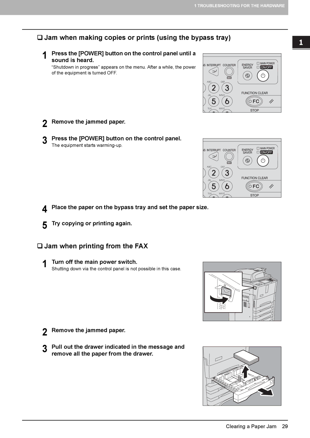 Toshiba 555, 855, 755, 655 manual ‰ Jam when making copies or prints using the bypass tray, ‰ Jam when printing from the FAX 