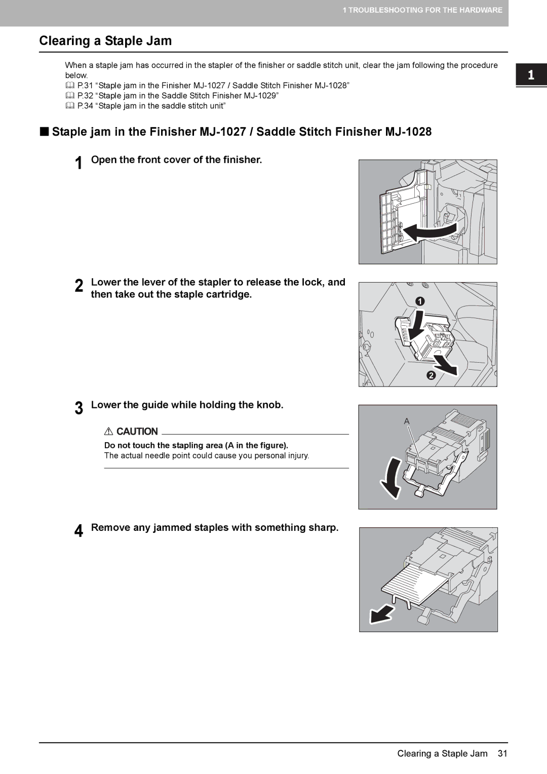 Toshiba 755, 855, 655, 555 manual Clearing a Staple Jam, Remove any jammed staples with something sharp 