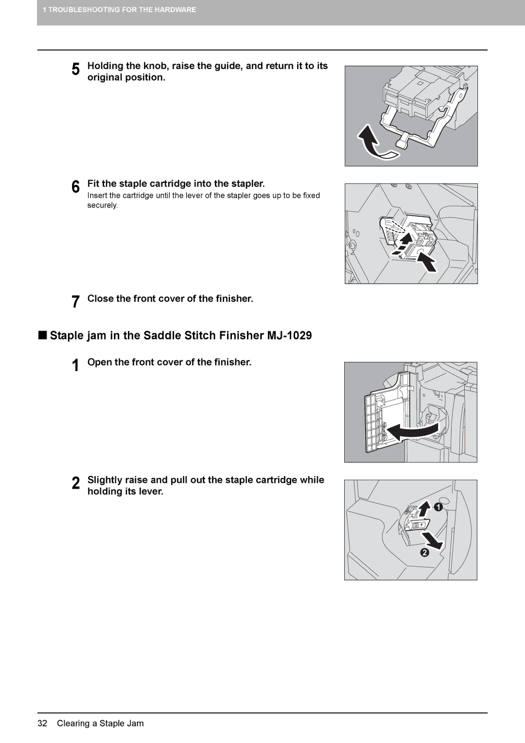 Toshiba 655, 855, 755, 555 manual „ Staple jam in the Saddle Stitch Finisher MJ-1029, Close the front cover of the finisher 