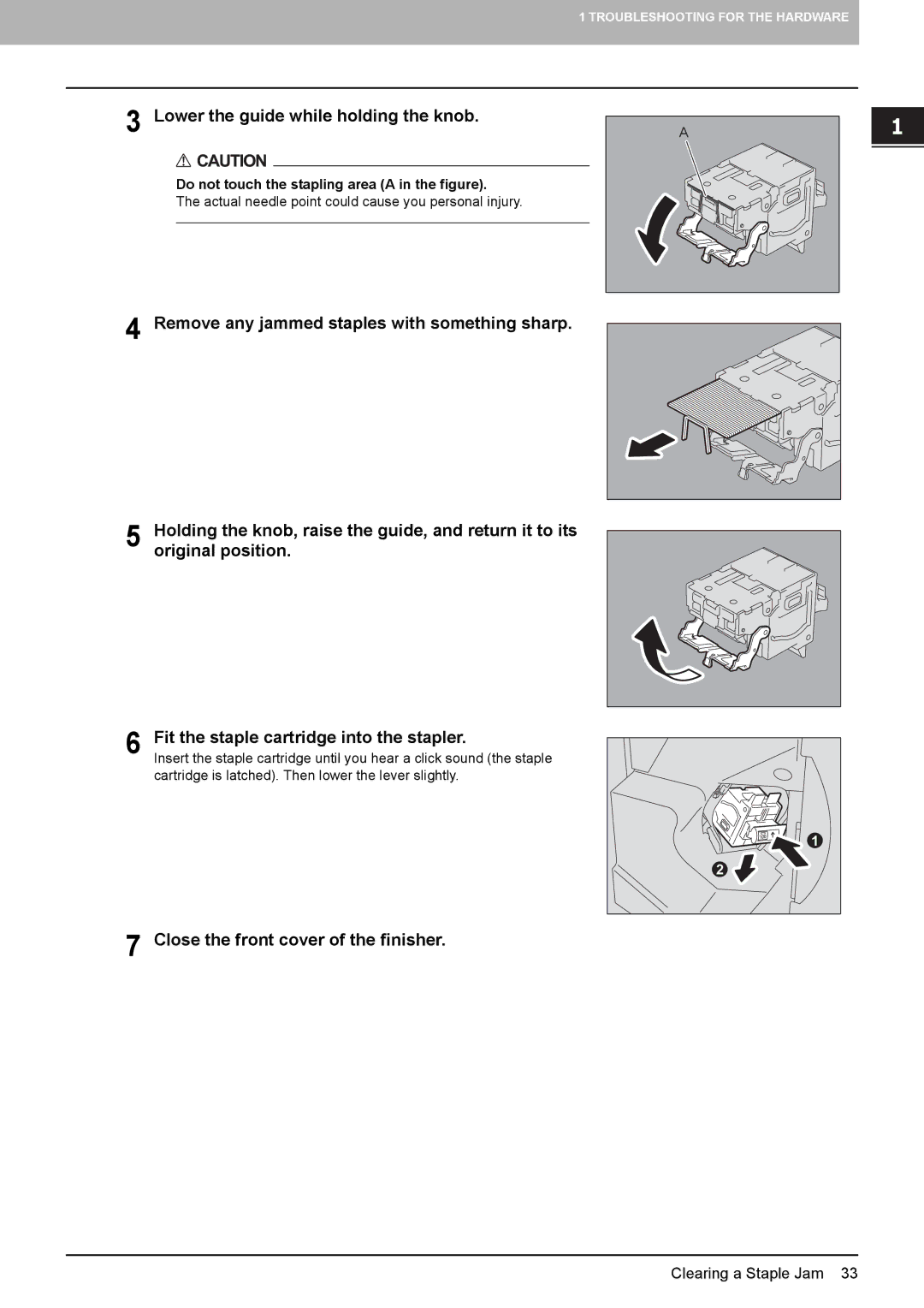 Toshiba 555, 855, 755, 655 manual Lower the guide while holding the knob 