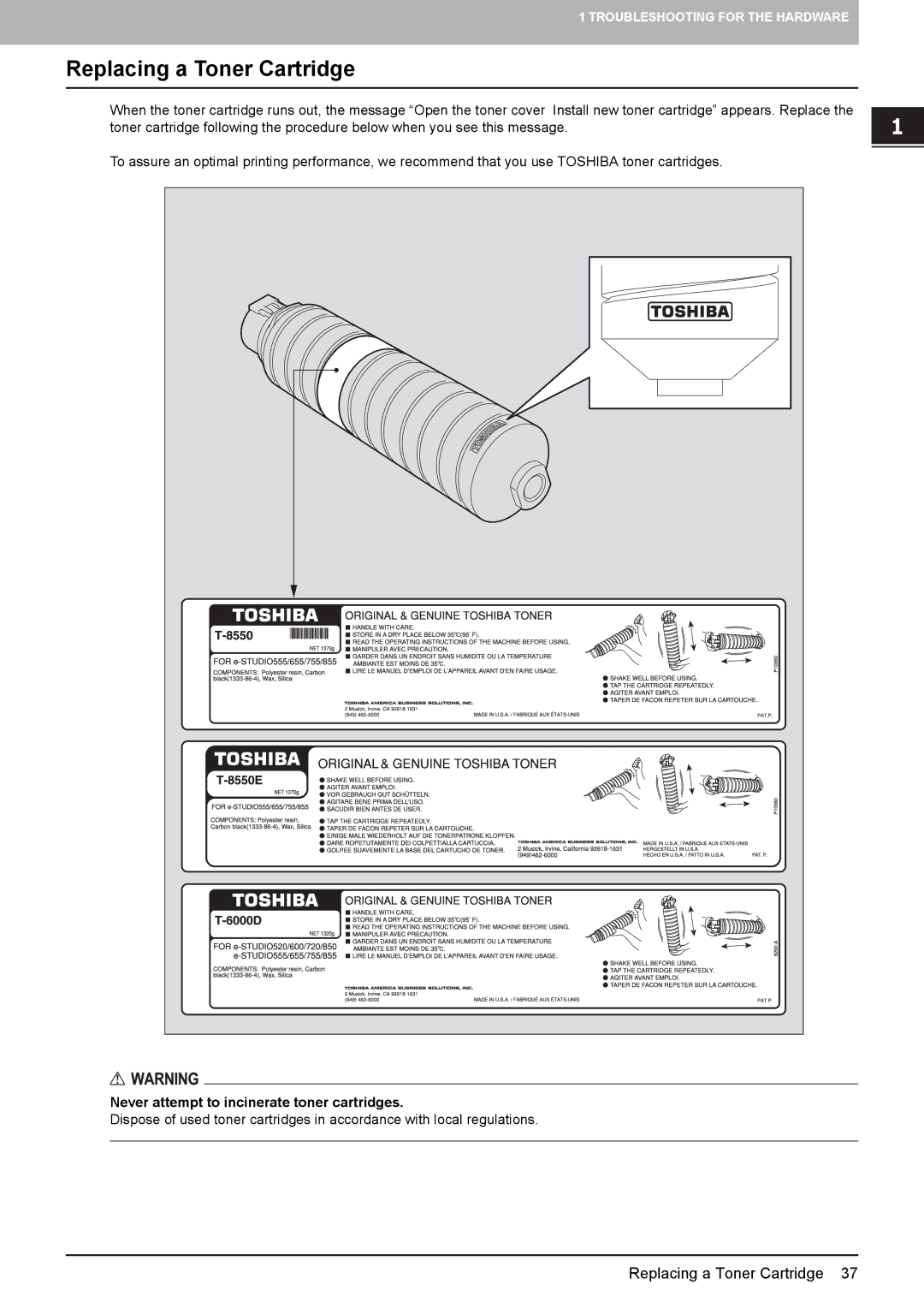 Toshiba 555, 855, 755, 655 manual Replacing a Toner Cartridge 