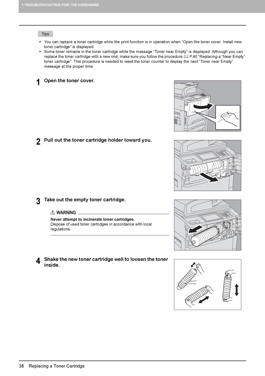 Toshiba 855, 755, 655, 555 manual Shakeinside.the new toner cartridge well to loosen the toner 