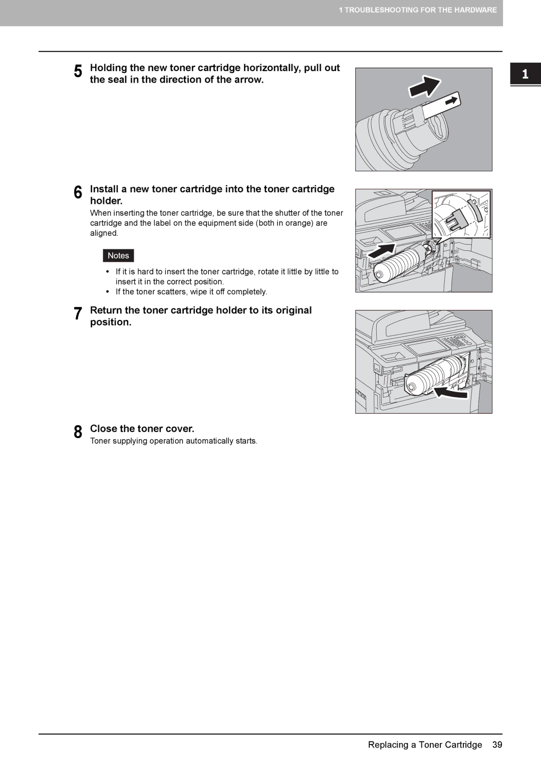 Toshiba 755, 855, 655, 555 manual Toner supplying operation automatically starts 