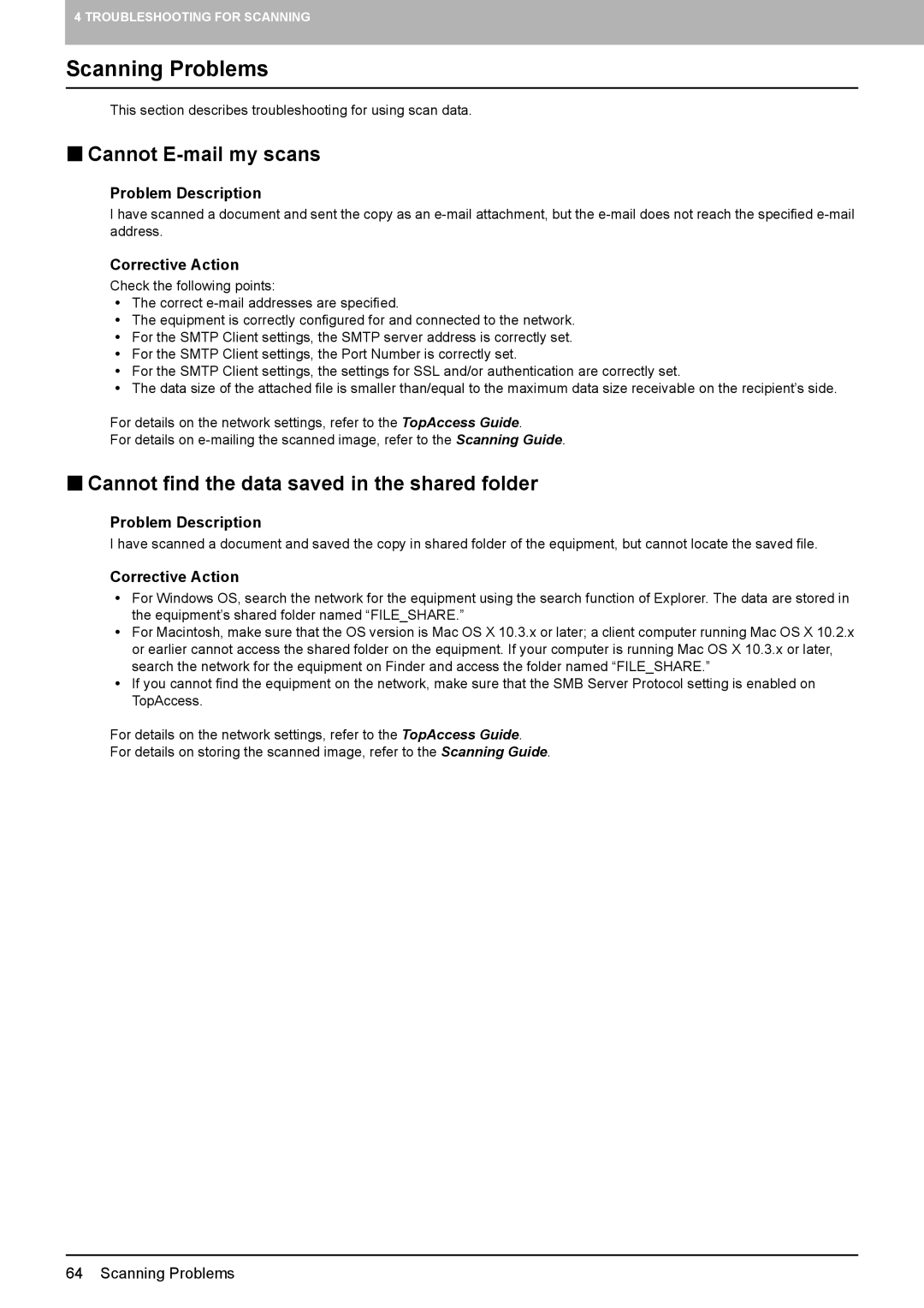 Toshiba 655, 855, 755, 555 Scanning Problems, „ Cannot E-mail my scans, „ Cannot find the data saved in the shared folder 