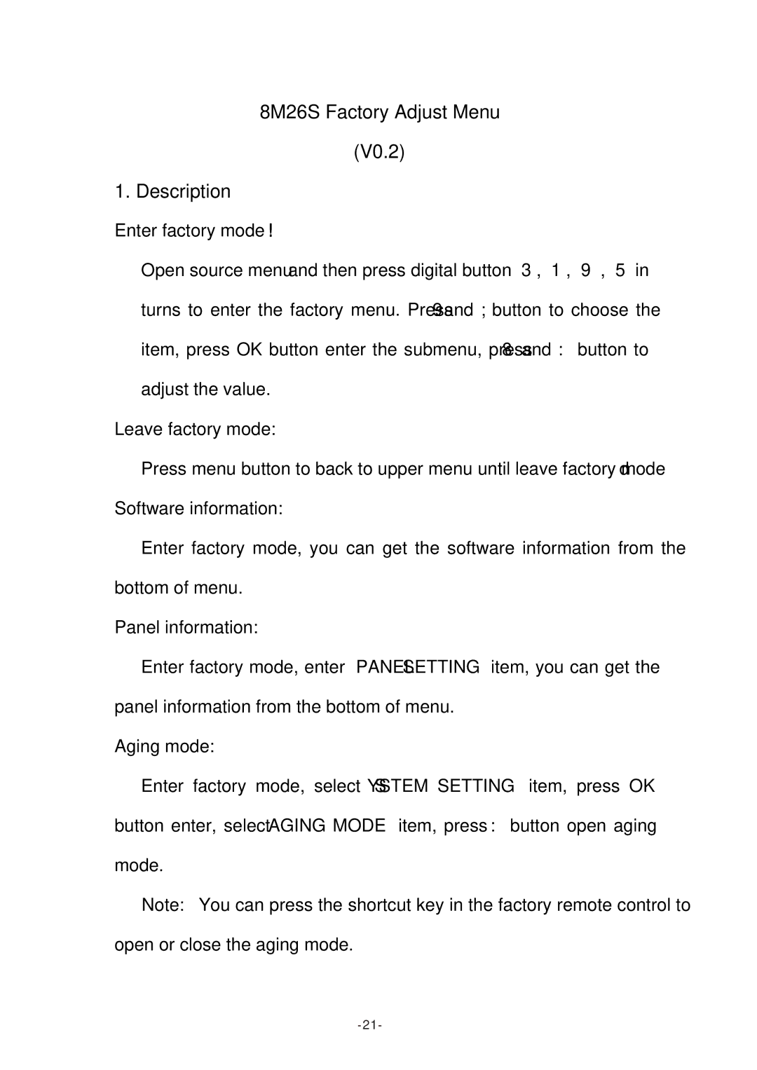 Toshiba 8M26C service manual 8M26S Factory Adjust Menu V0.2 Description 