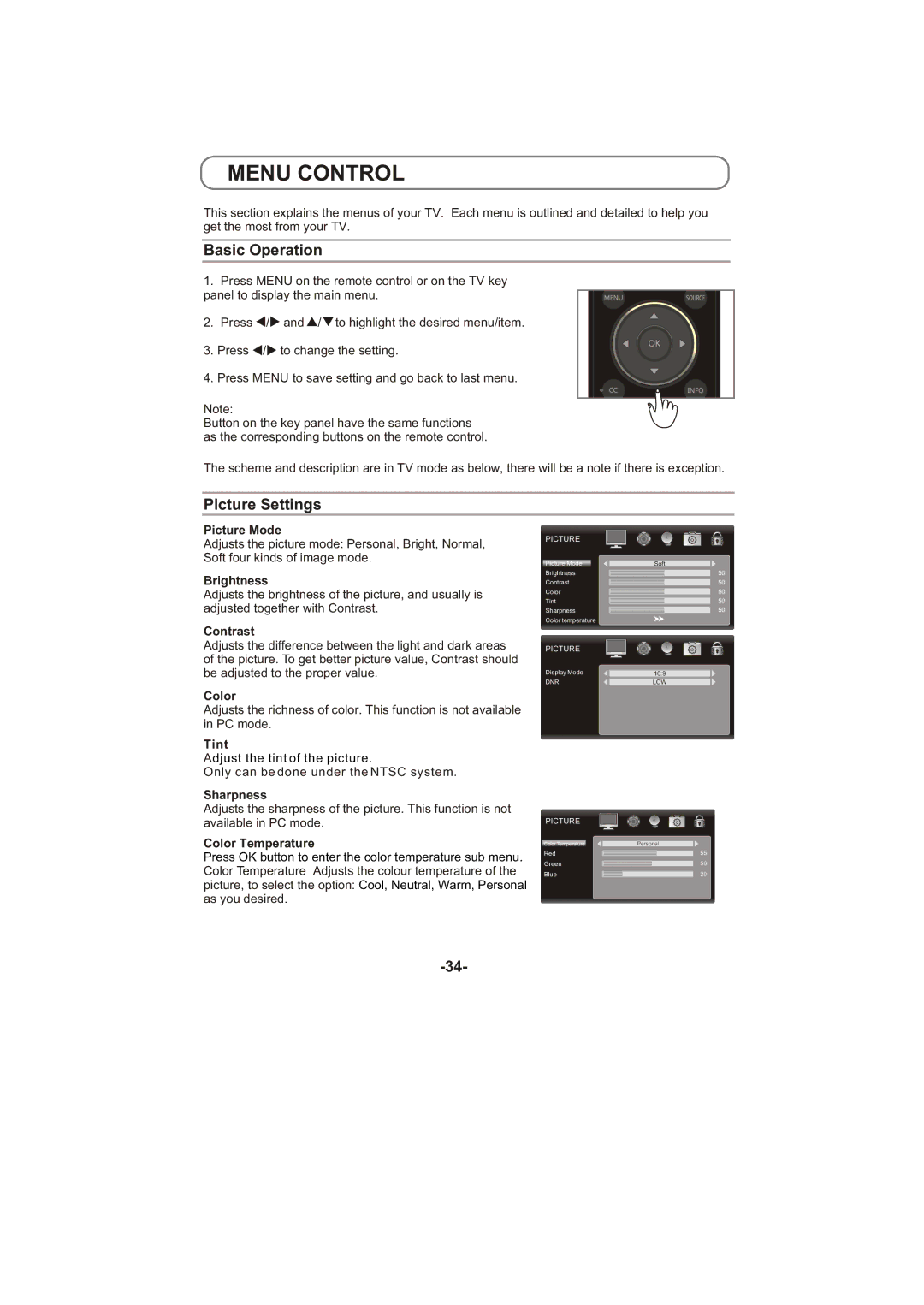 Toshiba 8M26C service manual Basic Operation, Picture Settings 