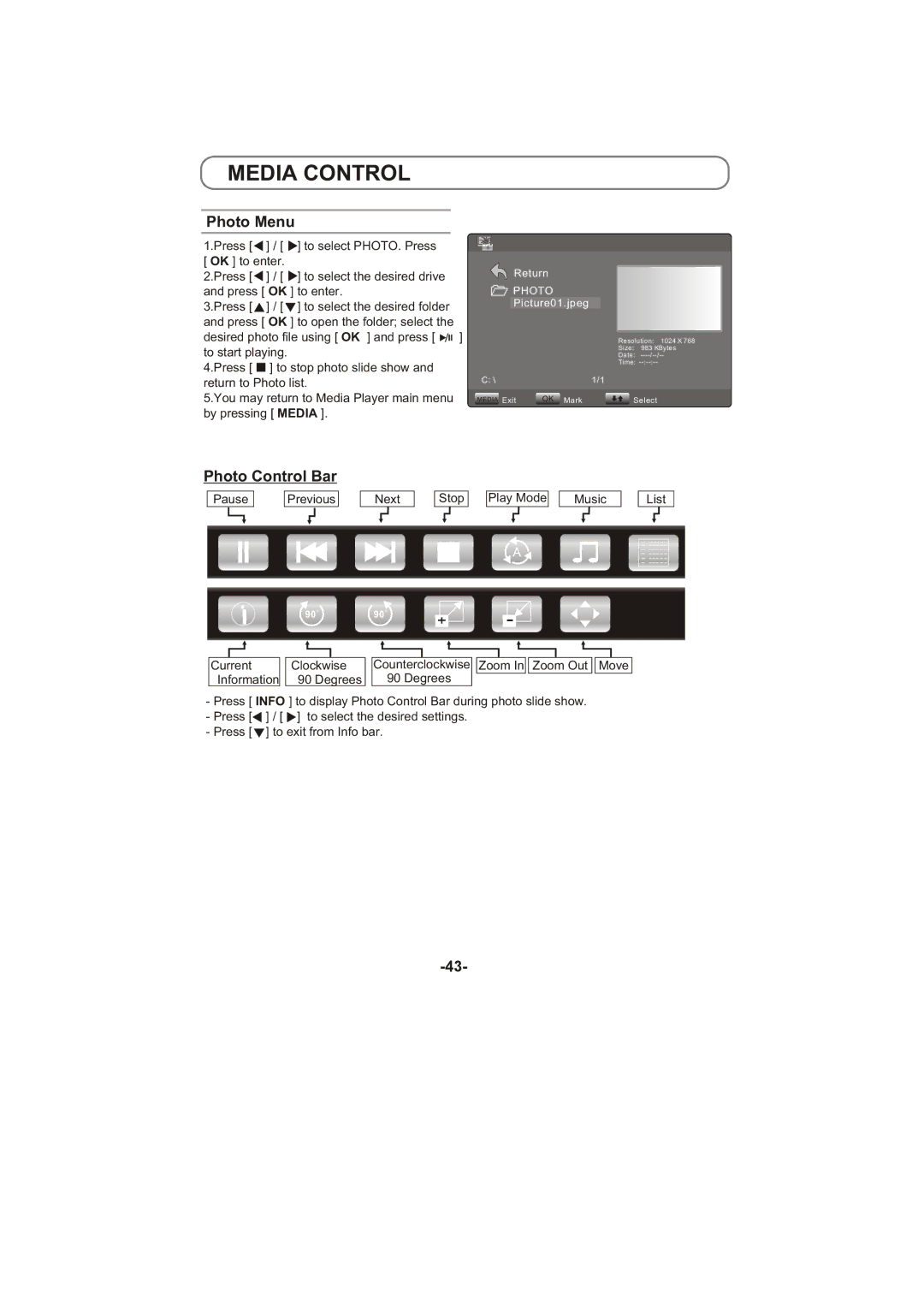 Toshiba 8M26C service manual Photo Menu, Photo Control Bar 