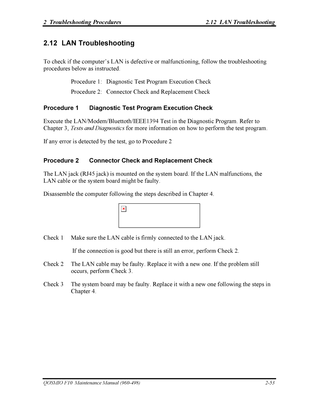 Toshiba 960-498 manual Troubleshooting Procedures LAN Troubleshooting 