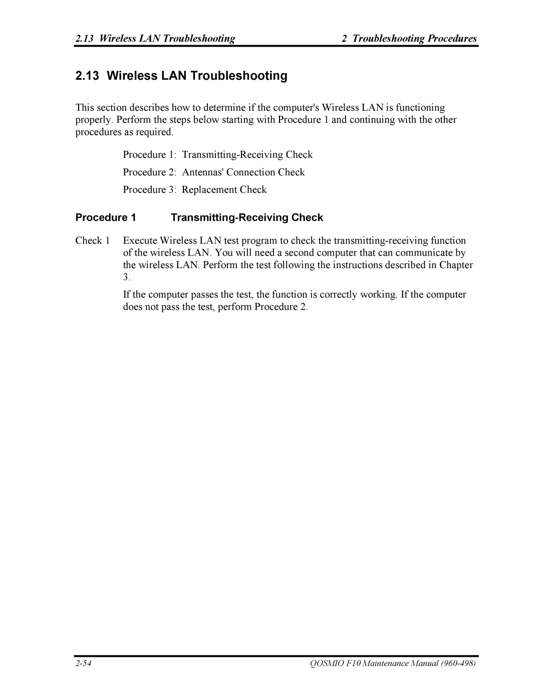 Toshiba 960-498 Wireless LAN Troubleshooting Troubleshooting Procedures, Procedure 1 Transmitting-Receiving Check 