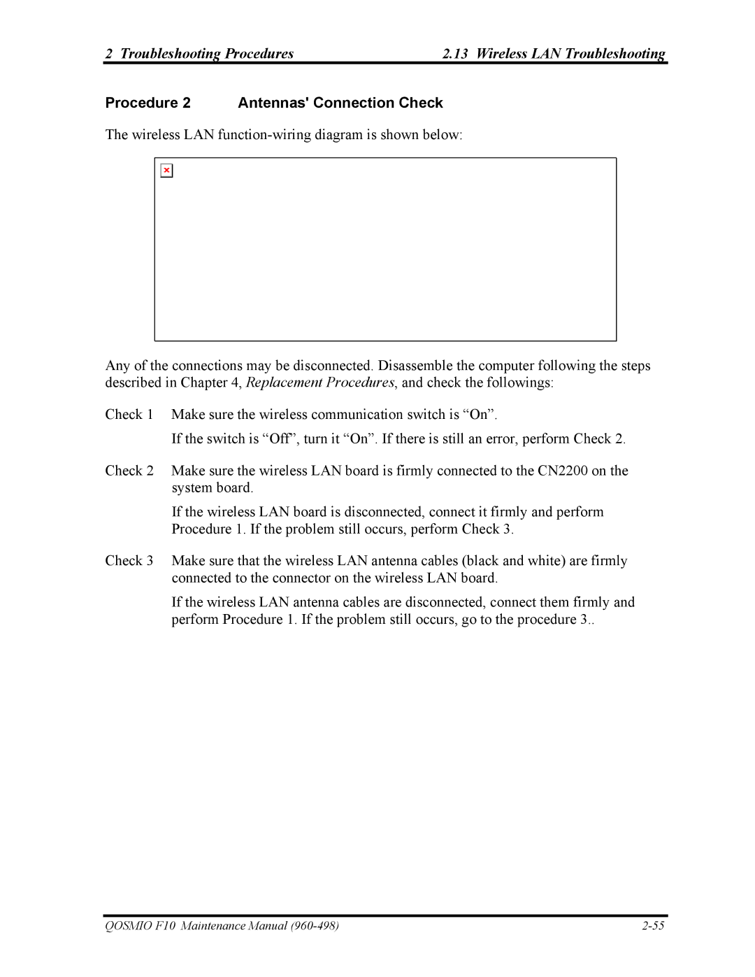 Toshiba 960-498 manual Troubleshooting Procedures Wireless LAN Troubleshooting, Procedure 2 Antennas Connection Check 