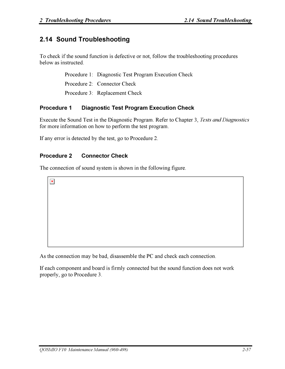 Toshiba 960-498 manual Troubleshooting Procedures Sound Troubleshooting, Procedure 2 Connector Check 