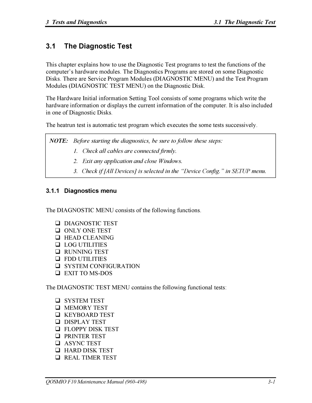 Toshiba 960-498 manual Tests and Diagnostics Diagnostic Test, Diagnostics menu 