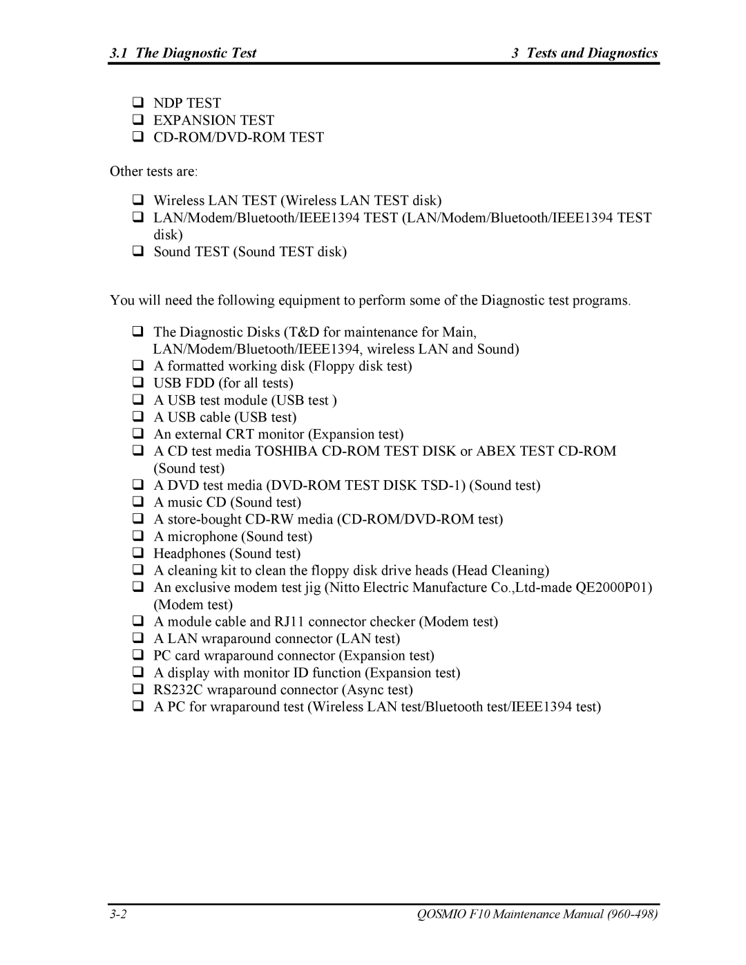 Toshiba 960-498 manual Diagnostic Test Tests and Diagnostics, ‰ NDP Test ‰ Expansion Test ‰ CD-ROM/DVD-ROM Test 