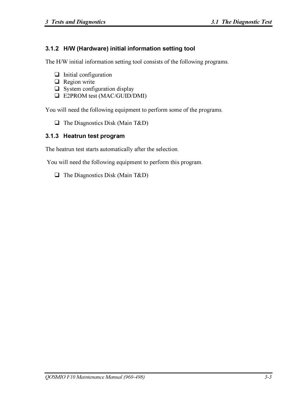 Toshiba 960-498 manual 2 H/W Hardware initial information setting tool, Heatrun test program 