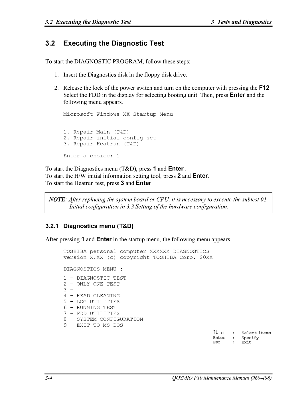 Toshiba 960-498 manual Executing the Diagnostic Test Tests and Diagnostics, Diagnostics menu T&D 