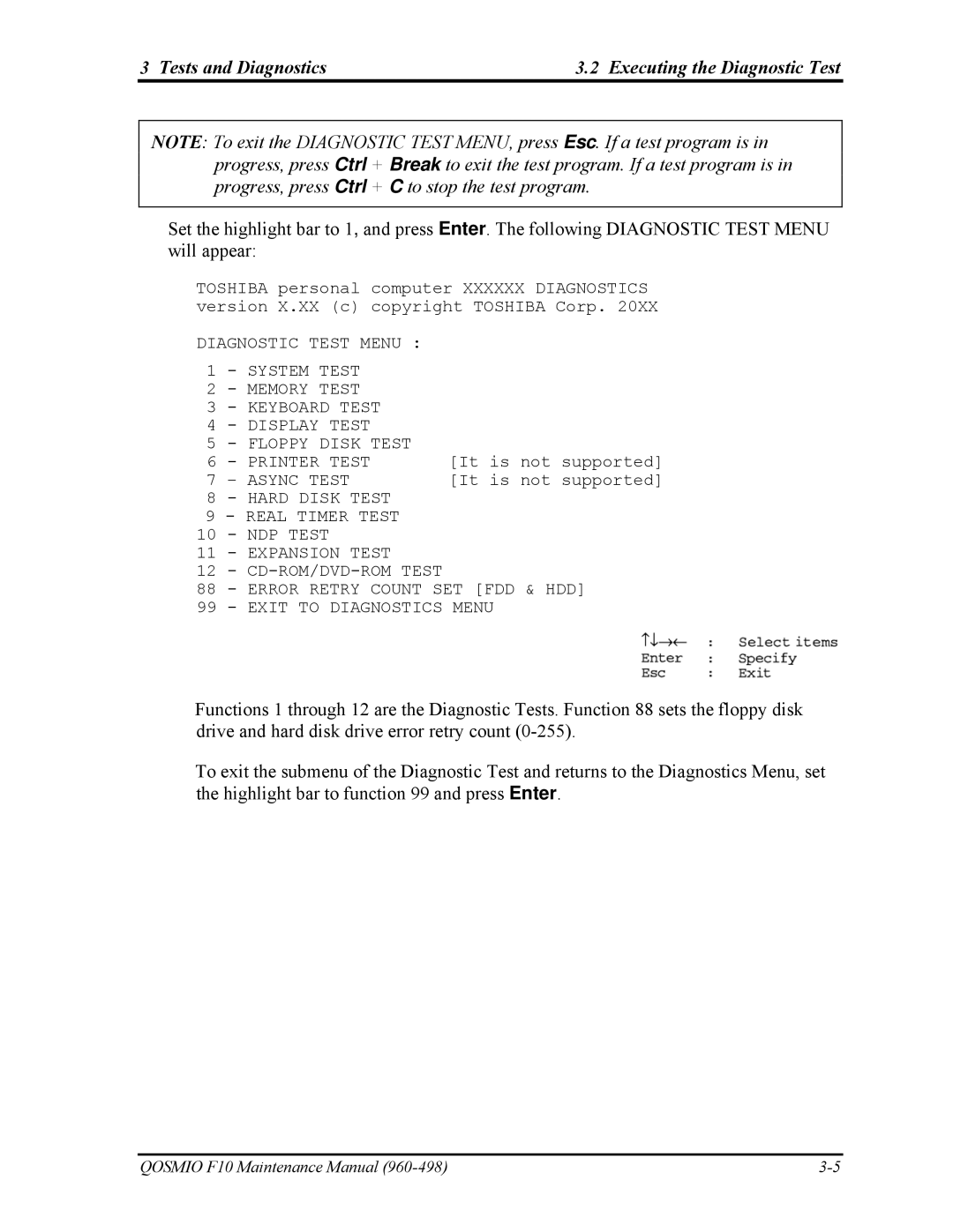 Toshiba 960-498 manual Tests and Diagnostics Executing the Diagnostic Test 