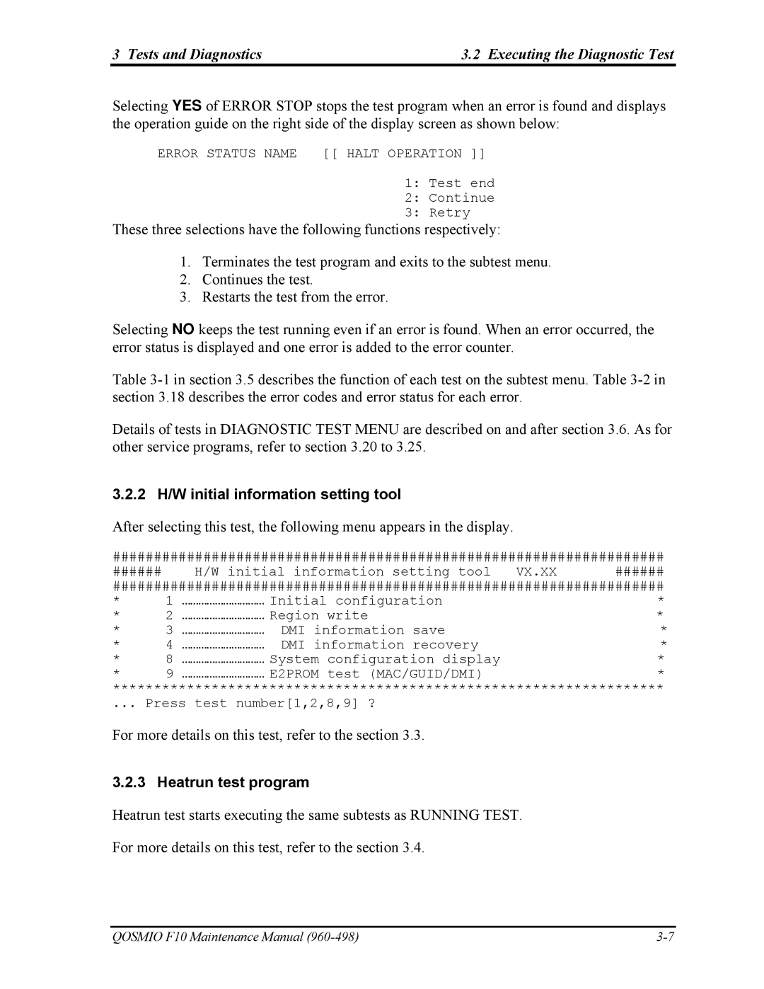 Toshiba 960-498 manual 2 H/W initial information setting tool, Heatrun test program 