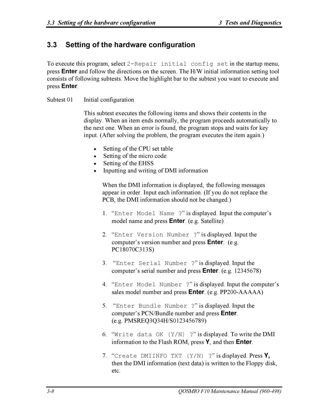 Toshiba 960-498 manual Setting of the hardware configuration Tests and Diagnostics 