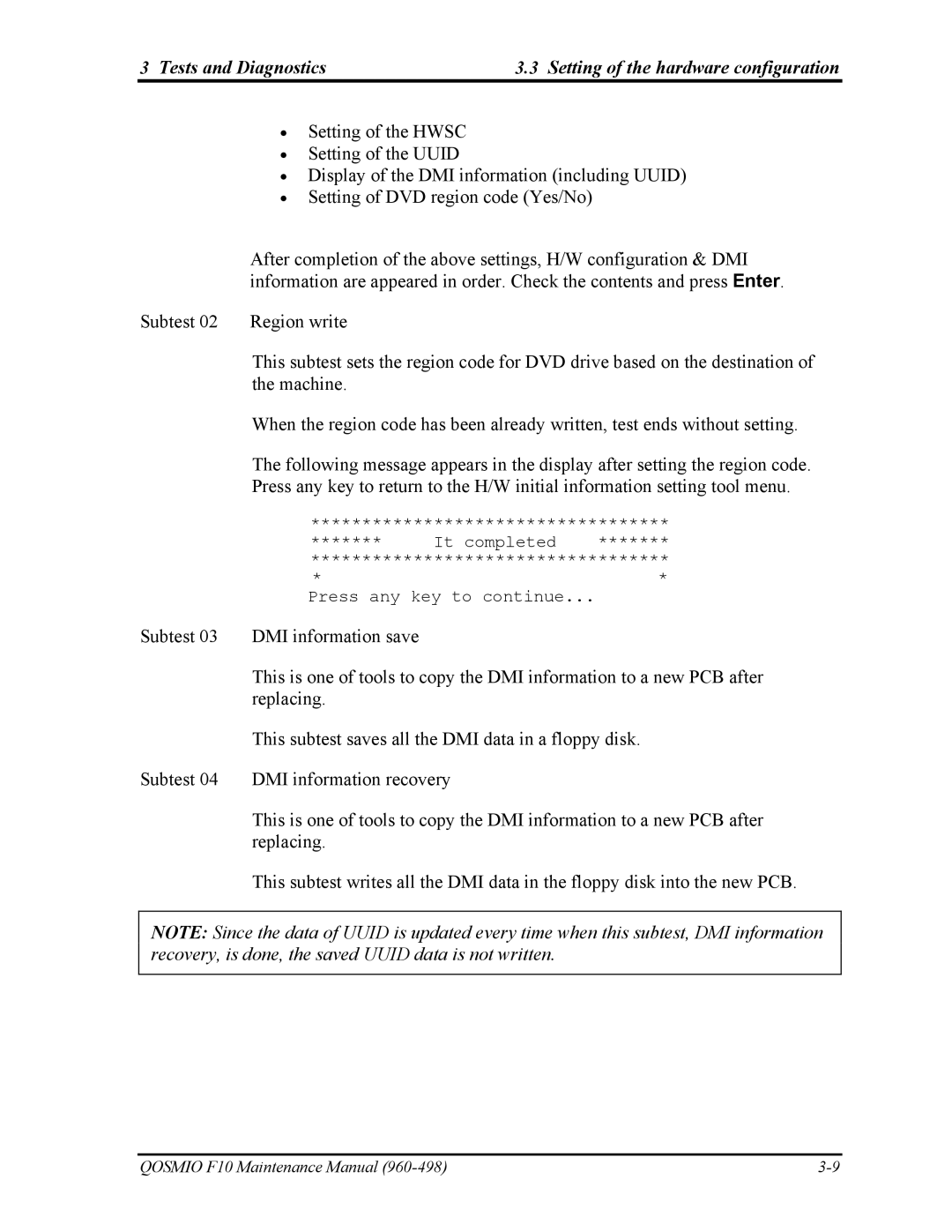 Toshiba 960-498 manual Tests and Diagnostics Setting of the hardware configuration 