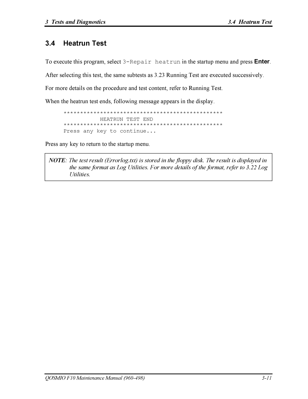 Toshiba 960-498 manual Tests and Diagnostics Heatrun Test 